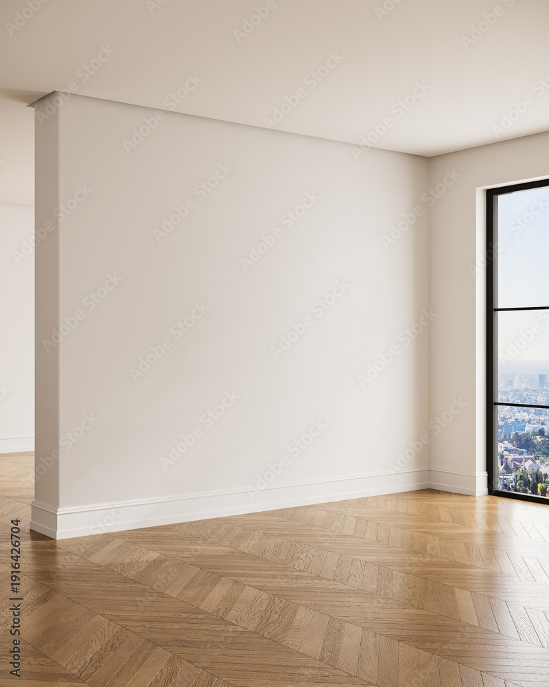 Fototapeta premium Empty room interior with large window and blank wall mockup 3d render