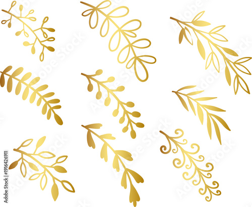 箔押し風ゴールドのボタニカルリーフ装飾イラストセット｜繊細な植物モチーフのエレガントな飾り素材（招待状・ロゴ装飾・ウェディングデザイン向け）