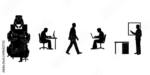 Architectural Drawing Corporate Business People Silhouettes Set; Vector Illustration of Office Workers in Meeting, Person at Desk with Computer, Man Walking with Laptop, and Presentation at Whiteboard