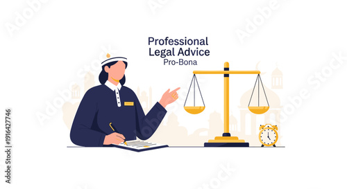 A professional female lawyer in a court setting offering legal advice, with scales of justice and a gavel nearby, symbolizing fairness and authority.