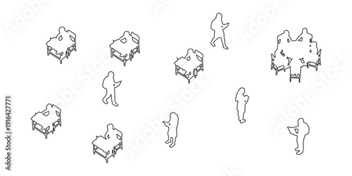 Architectural Drawing Diverse People Outline. Top view. Walking, standing, sitting, cycling, using smartphones, shopping, or working at desks. Vector illustration