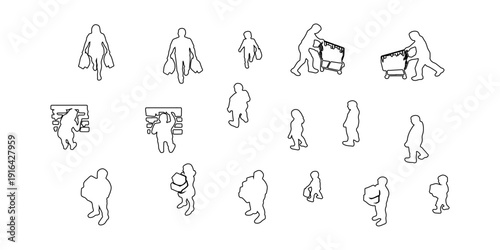 Architectural Drawing Set of Shopping Outline with People Carrying Bags, Pushing Carts, and Holding Boxes. Vector Illustration of Shoppers, Families, and Delivery Workers in Various Poses