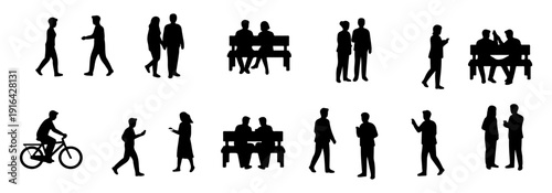 Line Art Vector Set of People Characters Silhouette in Various Activities, Walking, Sitting on Bench, Cycling, and Using Smartphones, Minimalist Outline Flat Style for Architectural Scale
