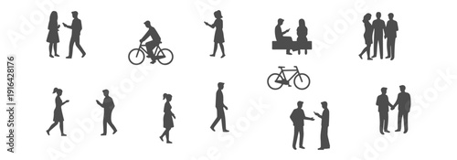 Minimalist People Silhouette Collection for Social and Urban Design; Vector Illustration of Friends Talking, Couples Meeting, and Individuals Using Smartphones for Architectural Entourage