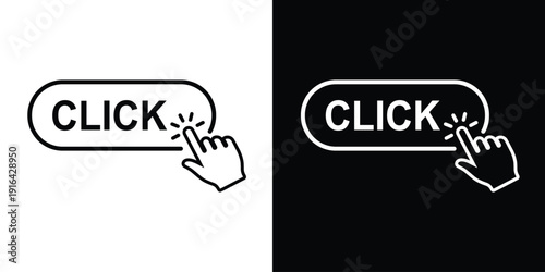 Cursor hand clicking a "CLICK" button. Minimalist black and white vector icons for web interface design, call to action, and digital interaction. Set of two line art styles.