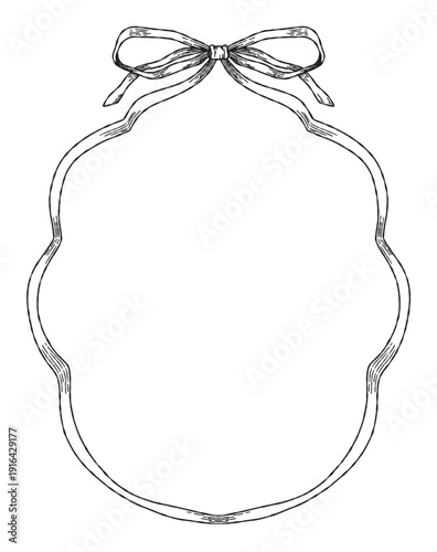 Vintage ribbon frame with decorative bow sketch. Elegant hand-drawn wavy border and retro flourish. Minimalist black ink vector crest for invitations