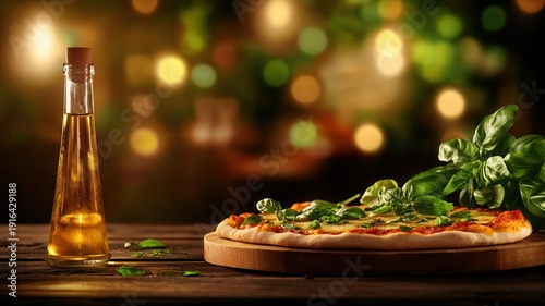 Pizza with basil and olive oil on a wooden table with large copy space and warm glowing background, ideal for food advertising, restaurant promotion, and menu design.