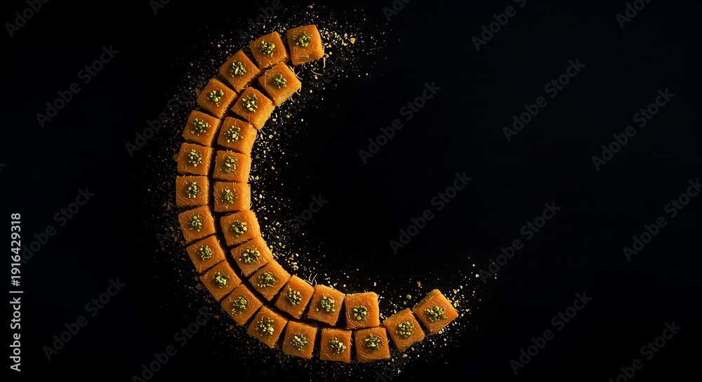 Obraz premium Baklava Crescent Moon Dessert with Pistachios on Black Background