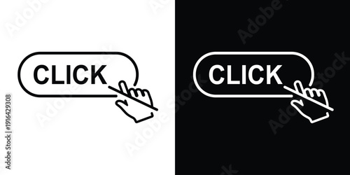 Cursor hand clicking a "CLICK" button. Minimalist black and white vector icons for web interface design, call to action, and digital interaction. Set of two line art styles.
