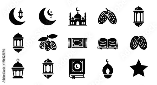 Wallpaper Mural Collection of Islamic cultural icons featuring mosques, crescents, lanterns, domes, and religious symbolism in silhouettes. Torontodigital.ca