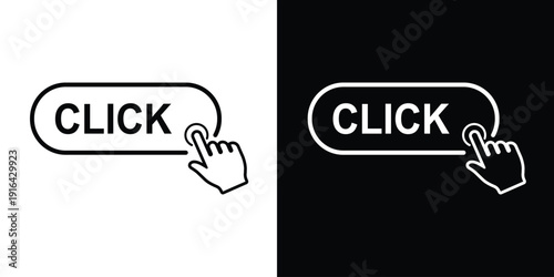 Cursor hand clicking a "CLICK" button. Minimalist black and white vector icons for web interface design, call to action, and digital interaction. Set of two line art styles.