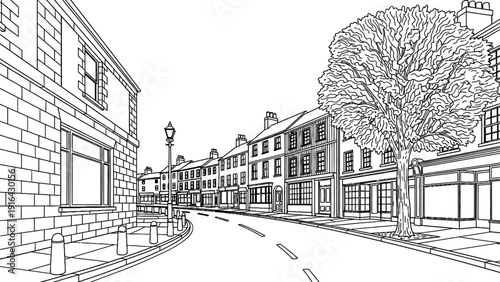 Black-and-white line drawing of a quaint, empty street lined with traditional row houses and shops. A large tree stands prominently on the right.