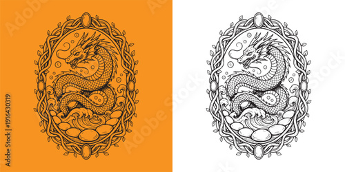 Oriental Water Dragon Serpent in Ornamental Nature Frame