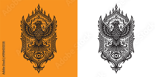 Phoenix Fire Bird Symbol with All Seeing Eye and Flames