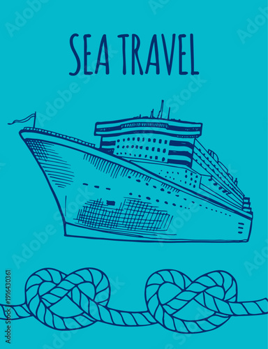 Sea travel card. Ship drawing with nautical knot