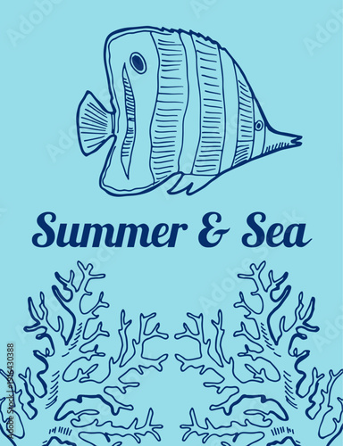 Summer and sea card template. Underwater fauna and flora