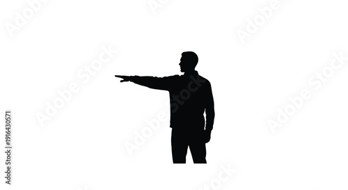 Silhouette of a man pointing forward with his right hand against a white background
