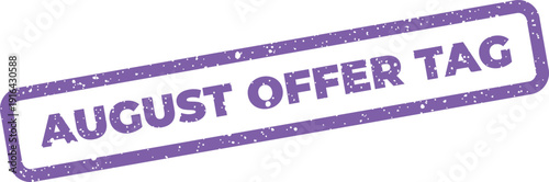 Grungy purple rectangle stamp with August Offer Tag text, useful for pricing and product labeling