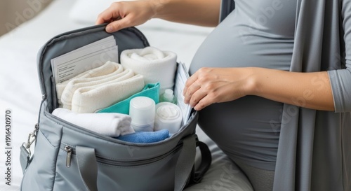 Pregnant woman packing a hospital bag with baby essentials and personal items, preparing for childbirth.