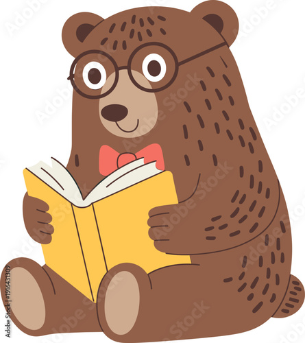 Cute cartoon brown bear wearing round glasses and red bowtie reading a yellow book isolated on white background for childrens education and library concepts