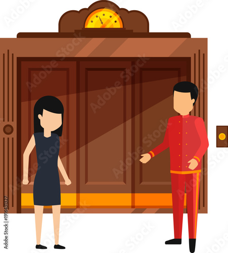People wait elevator cartoon illustration. Vintage building interior