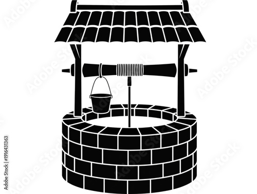 Black and white minimalist vector illustration of a traditional stone water well with bucket and roof