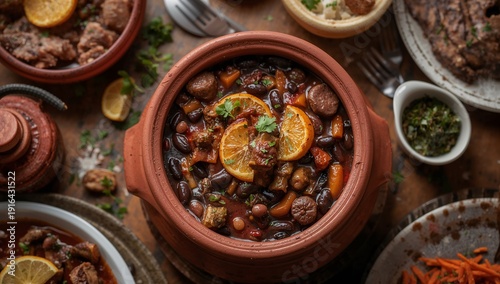 Traditional Brazilian Feijoada with Black Beans, Pork and Sausage Served with Rice, Collard Greens and Orange Slices – Classic South American Comfort Food in Rustic Homemade Style