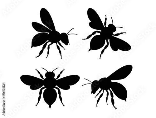 Black bee silhouette icon set, featuring minimalist honey bee and bumblebee illustrations for nature and environment