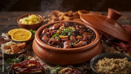 Traditional Brazilian Feijoada with Black Beans, Pork and Sausage Served with Rice, Collard Greens and Orange Slices – Classic South American Comfort Food in Rustic Homemade Style