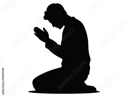 Black silhouette of a man kneeling in prayer, representing spiritual devotion, faith, and religious worship on white background