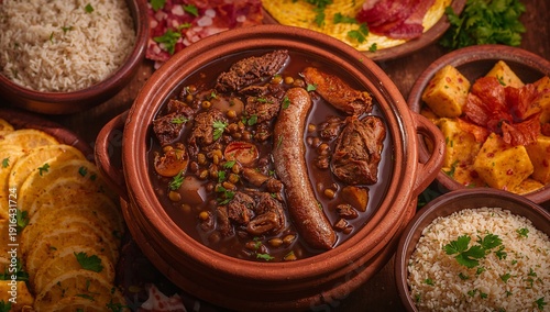 Traditional Brazilian Feijoada with Black Beans, Pork and Sausage Served with Rice, Collard Greens and Orange Slices – Classic South American Comfort Food in Rustic Homemade Style