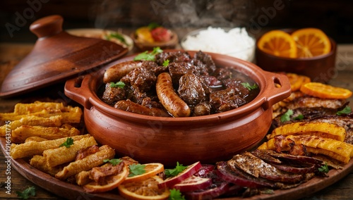 Traditional Brazilian Feijoada with Black Beans, Pork and Sausage Served with Rice, Collard Greens and Orange Slices – Classic South American Comfort Food in Rustic Homemade Style