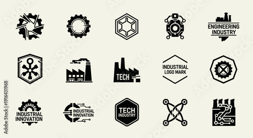 Collection of black industrial and engineering icons, logos, and symbols on a light background