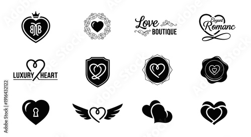 Collection of 12 black and white romantic, love, and luxury heart-themed logo designs with decorative elements