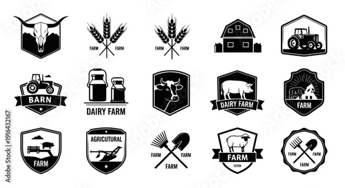 Collection of black and white farm-themed emblems featuring animals, crops, tools, and farm structures