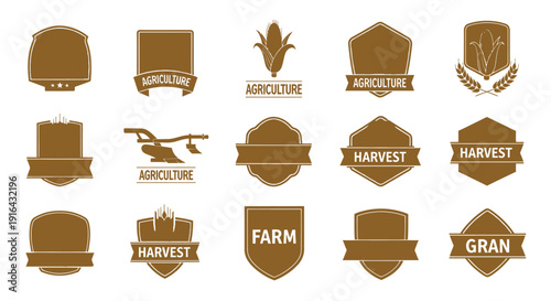 Collection of 15 vintage-style brown farm and harvest-themed badge designs with banners