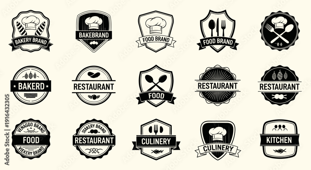 Fototapeta premium Collection of 15 black and white food and bakery badge logos, featuring chef hats, utensils, and text
