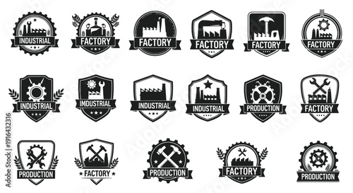 Collection of black and white industrial and factory-themed badges with gears, tools, and production symbols