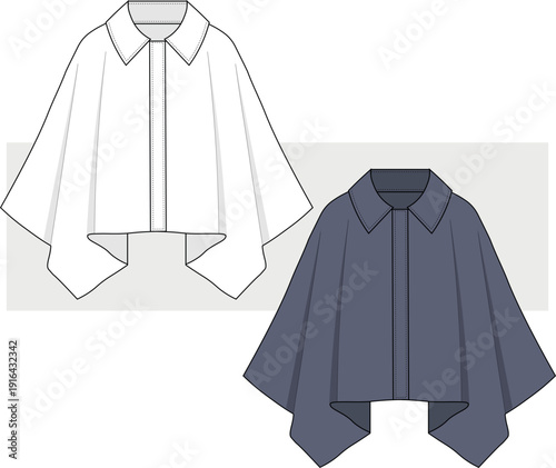 Women's oversize poncho jacket fashion flat, technical drawing, illustration. Poncho Casual Coat Vector. CAD, Mockup Set.