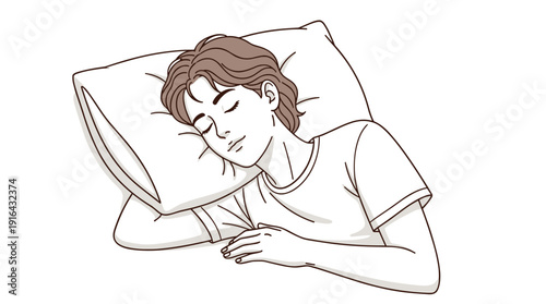 Young man sleeping peacefully on a comfortable white pillow in bed at night for healthy lifestyle rest and relaxation concept