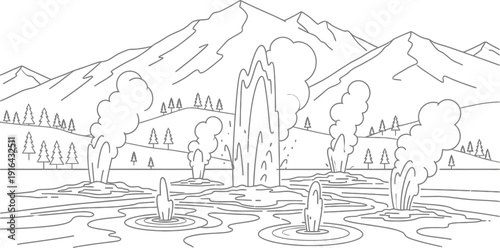 Vector line art illustration depicts a dramatic geothermal landscape featuring multiple erupting geysers against a backdrop of rolling hills and high snow-capped mountains.