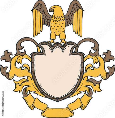 Eagle on heraldic insignia golden vintage style template