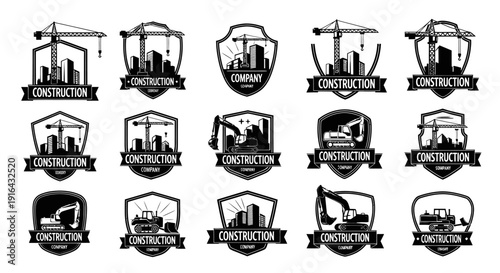 Collection of black and white construction badges featuring cranes, buildings, and machinery in shield and badge shapes