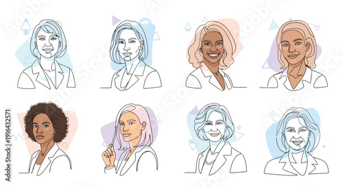 Collection of diverse professional women portraits rendered in a continuous line art style showcasing various hairstyles and skin tones for business concepts.