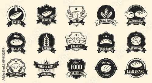 Collection of vintage bakery and bread-themed logos featuring bread loaves, wheat, and bakery shields