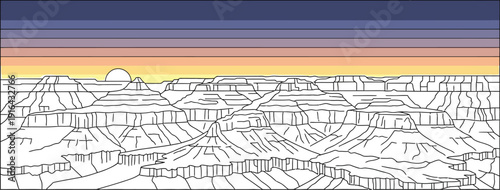 Minimalist line art illustration depicts the iconic vast layered rock formations of the Grand Canyon during a colorful striated sunset horizon.
