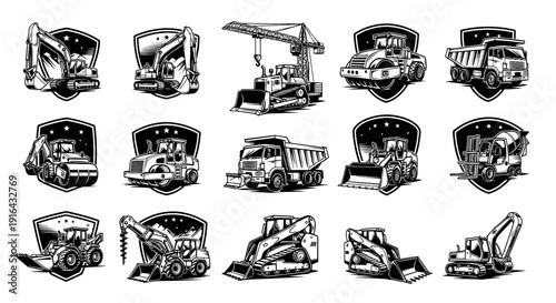 Collection of construction equipment icons featuring excavators, bulldozers, cranes, loaders, and dump trucks with shield backgrounds