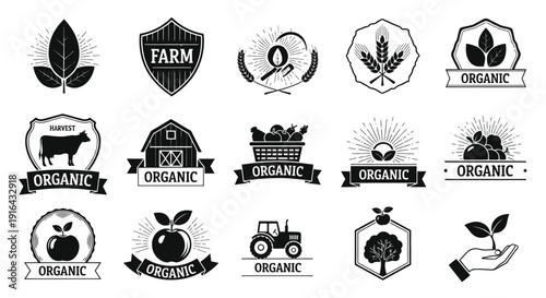 Collection of black and white organic farm and produce badges with farm, harvest, and nature imagery