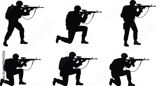 Military soldier silhouettes aiming rifles in tactical combat poses, modern army troops black vector illustration isolated on white background