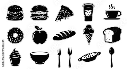 Assorted food and drink icons featuring burgers, pizza, coffee, pastry, and utensils in black and white